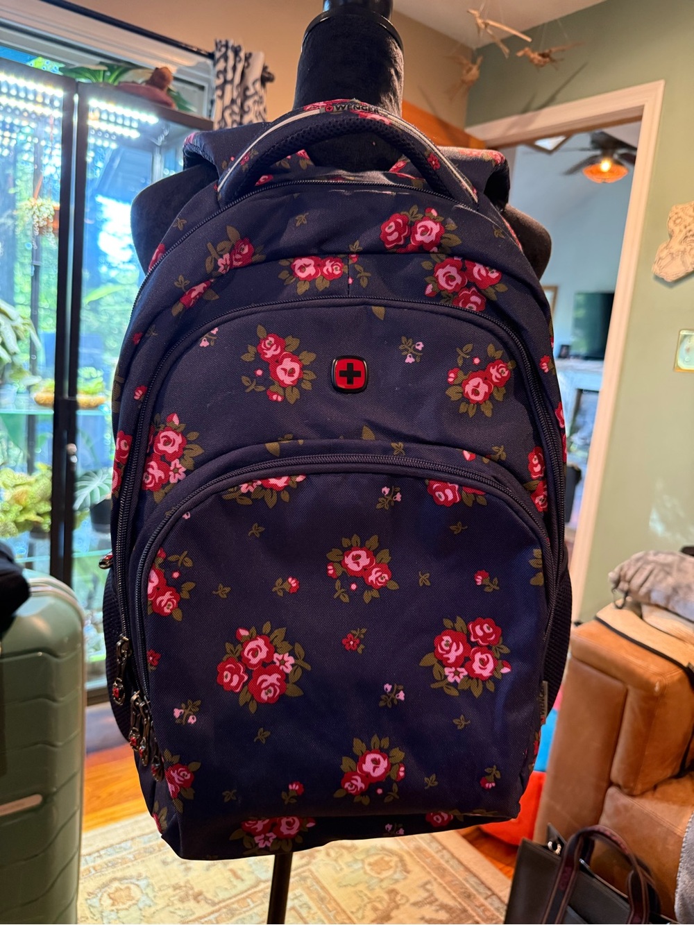 Swiss Gear Wenger Navy Backpack with Pink and Red Rose Print